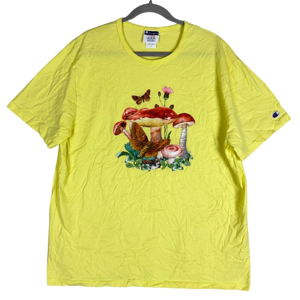 Champion Shirt Mens XL Yellow Mushroom Butterfly Graphic‎ Tee Nature Print